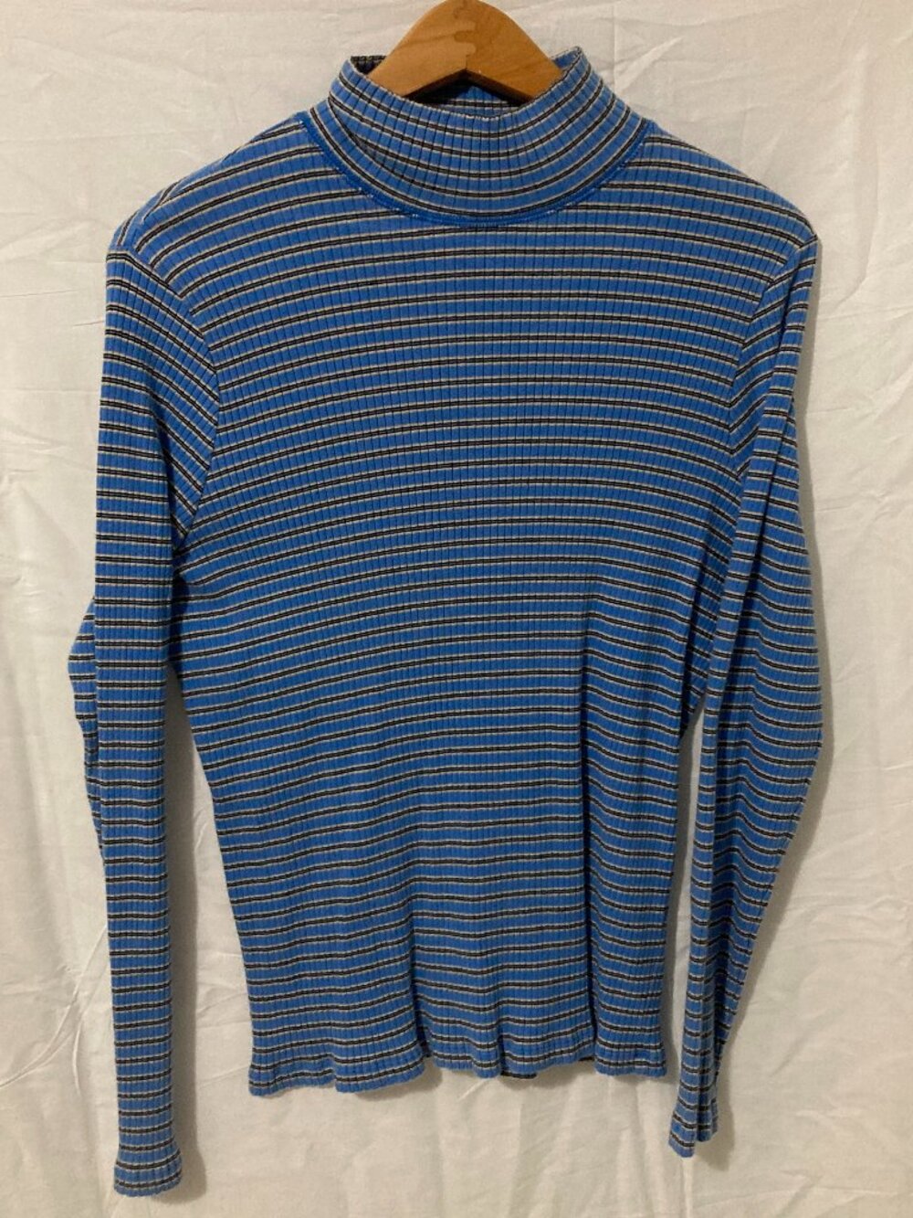 90s Y2K‎ Blue Black Striped Women M Top Stretch Body Con Long Sleeve Cotton Chic